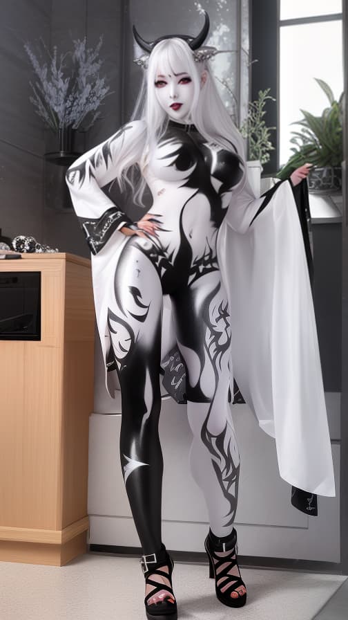  White and silver flame pattern body paint in every corner of the whole body, Black body paint full body, grey face paint on the face, two succubus, full body image 女性