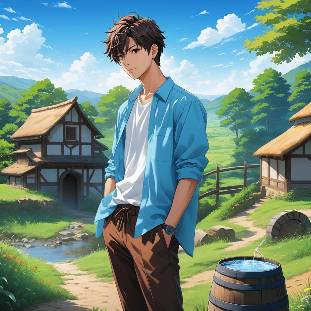  ### scene 1: fetching water **description**: “a anime style character is beside a wooden barrel with water, set in a vibrant countryside scene. a young man stands at a public well with two empty pails. he wears a light blue shirt and brown pants.the landscape is with a serene stream flowing nearby under a clear blue sky.”, anime artwork, anime style, key visual, vibrant, studio anime, highly detailed