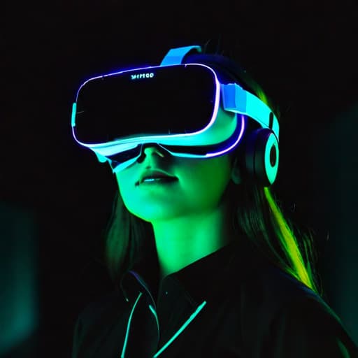  A girl wearing VR glasses in a dark environment.