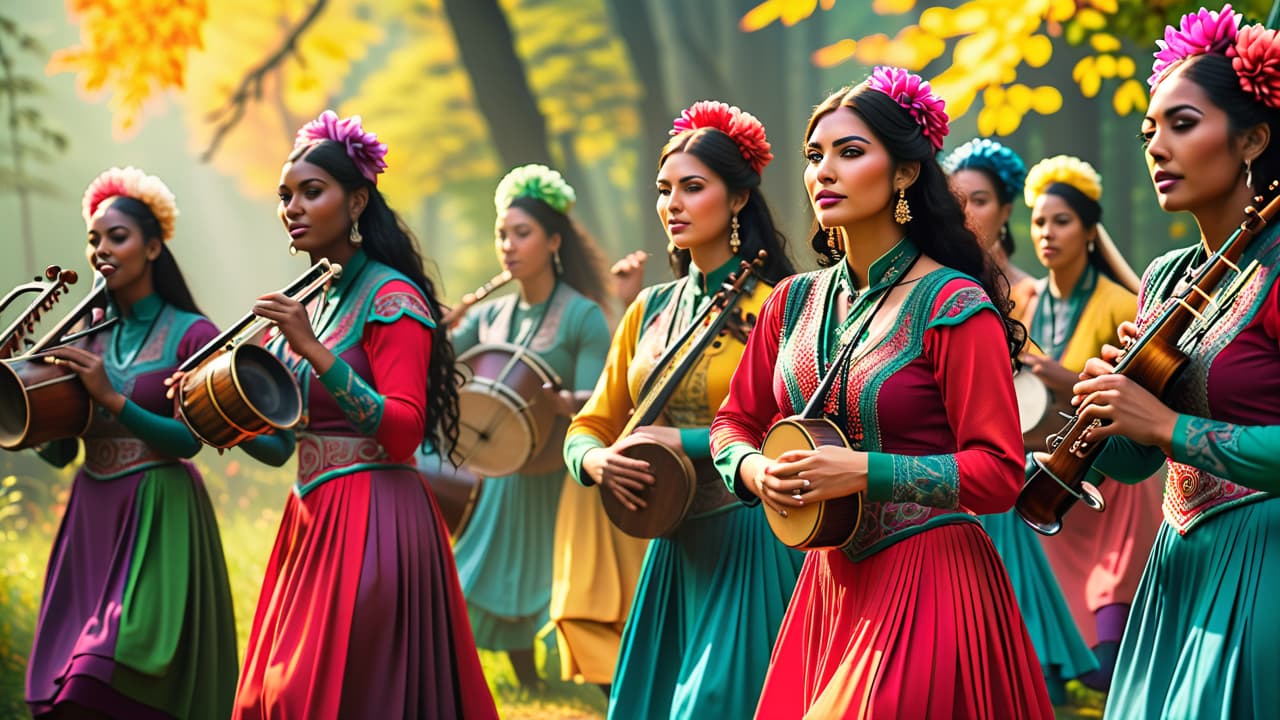  a vibrant folk music scene: a diverse group of musicians playing traditional instruments outdoors, surrounded by colorful costumes, dancing audience, nature backdrop, and cultural artifacts, capturing the essence of community and tradition in harmony. hyperrealistic, full body, detailed clothing, highly detailed, cinematic lighting, stunningly beautiful, intricate, sharp focus, f/1. 8, 85mm, (centered image composition), (professionally color graded), ((bright soft diffused light)), volumetric fog, trending on instagram, trending on tumblr, HDR 4K, 8K