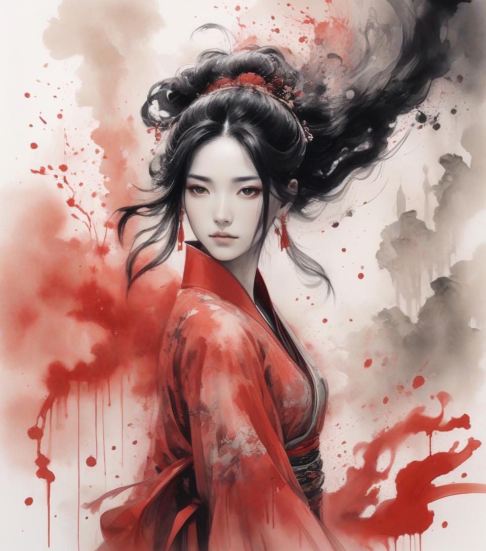  a painting of a woman in red with black hair, in the style of delicate ink washes, epic fantasy scenes, chinese painting, splattered/dripped, white background, traditional costumes, soft focus lens