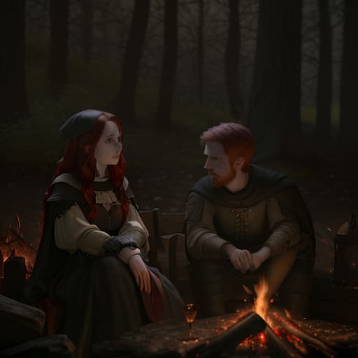  the middle ages. night is the forest on the hill. a brunette girl with black eyes and a red haired guy sit by the fire and talk., shot 35 mm, realism, octane render, 8k, trending on artstation, 35 mm camera, unreal engine, hyper detailed, photo realistic maximum detail, volumetric light, realistic matte painting, hyper photorealistic, trending on artstation, ultra detailed, realistic