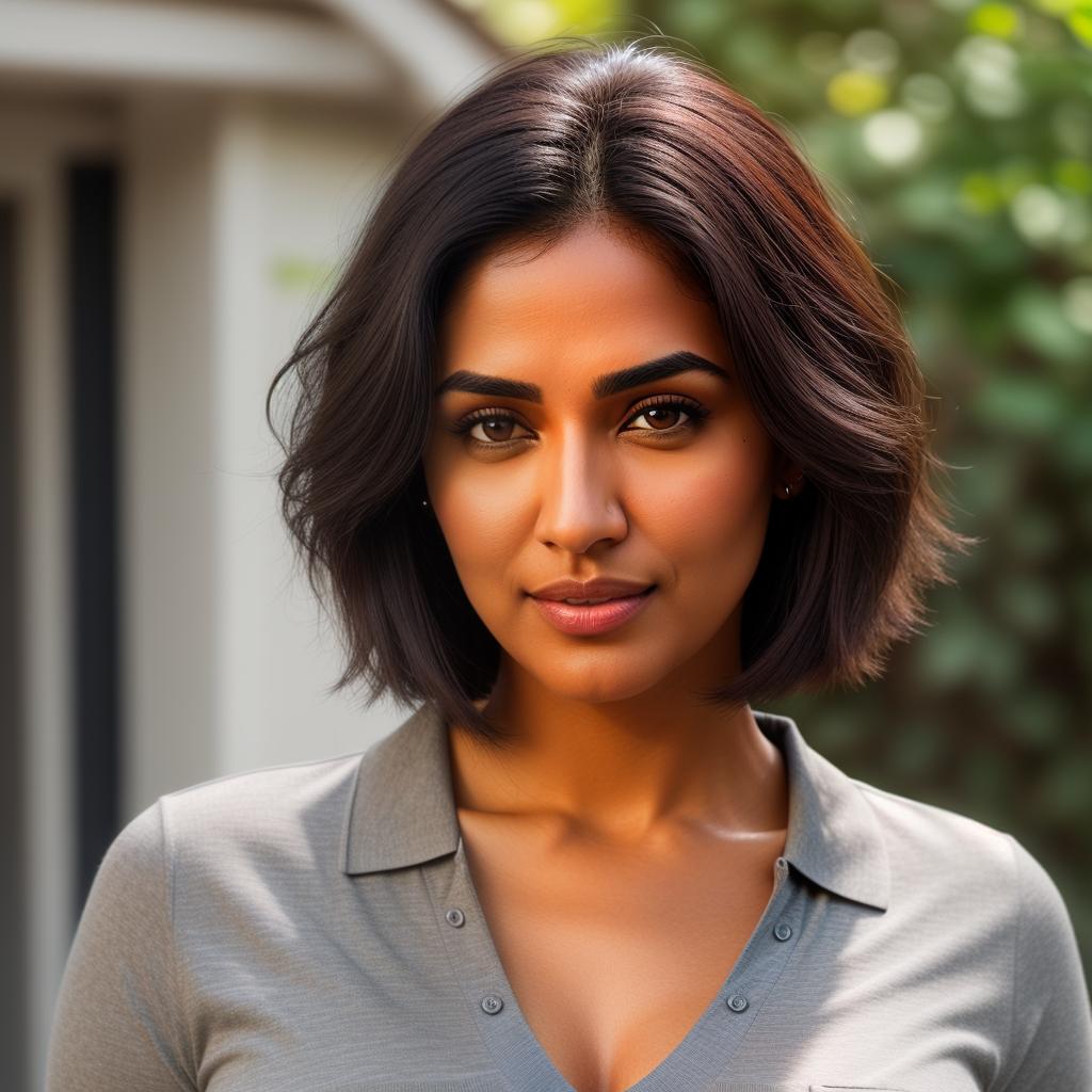  (((realistic full torso frontal head shot of a light brown to medium brown skin tone woman))), esha vidya singh, ((indian heritage)), immature face, blue eye color, ((short hair style)), ((black hair color)), ((skinny body type)), medium size, big size, (immature small upturned nose), (immature prominent cheekbones), (immature smooth jawline), (immature full lips), (immature medium forehead), (immature even eyebrows), (immature rounded chin), standing straight looking directly into the camera,((wearing fitted polo shirt with deep v neck and monogrammed pocket)), backyard in background, 1girl, best quality, highest quality, award winning photo, masterpiece, raw, professional photography, photorealism, sharp focus, cinematic, hyperrealistic, full body, detailed clothing, highly detailed, cinematic lighting, stunningly beautiful, intricate, sharp focus, f/1. 8, 85mm, (centered image composition), (professionally color graded), ((bright soft diffused light)), volumetric fog, trending on instagram, trending on tumblr, HDR 4K, 8K