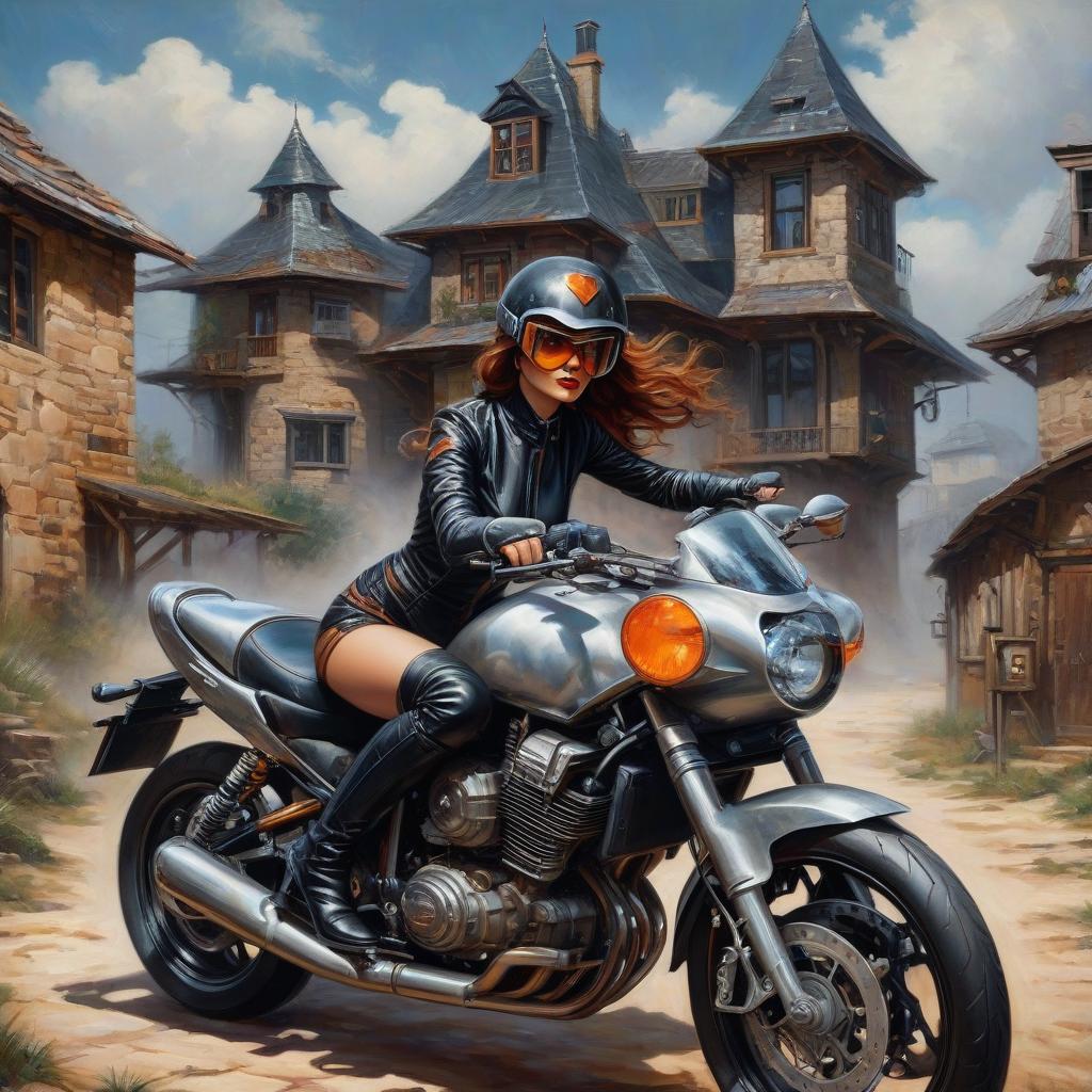  girl, witch, wearing helmet, goggles, on motorcycle, next to stone modern stylish house in modern style , steampunk, pin up, surrealism oil painting,ink v3,g,abstract art,abstract technique,3d,metal effect,mixpunk,cyberpunk,cybertech elements,futurism,illustrated v3,deco influence,air brush style,drawing,niji art,