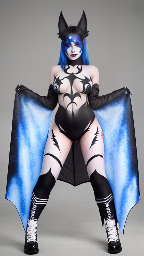  Black and blue bat-shaped body paint in every corner of the whole body, White body paint all over the body, grey face paint on the face, Dark elf,full body image female