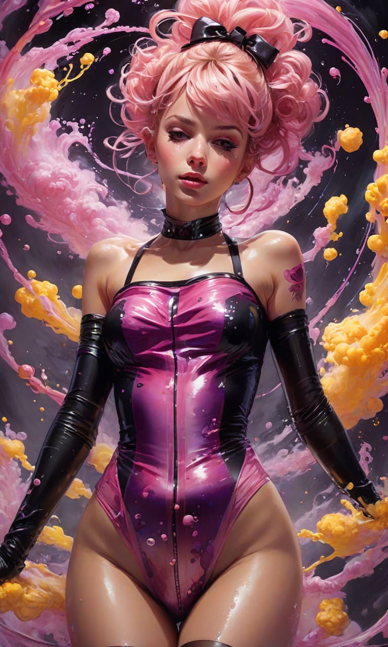  space themed pink purple yellow, cgi render, made of 3::color fancy, swirling ink in water, swirling smoke, swirling splashing paint, swirling blown gl, art by diego dayer, photograph, art by egon schiele, 4k, young humanoid cat, negligee blonde hair bun, very beautiful, short hair, black straight bangs, outside, night, rain, full, eyes closed, mouth slightly open, long earrings, stockings with garters, lots of details, highly detailed image, photorealism, , black stockings, , beautiful body, pleasant pain, sweet moan, breathing fast, anguish, very beautiful . cosmic, celestial, stars, galaxies, nebulas, planets, science fiction, highly detailed