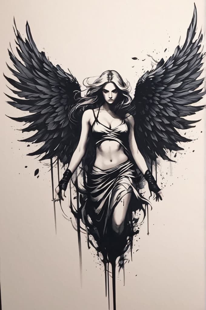  aggressive female angel looking down , (tattoo sketch:1.25), drawing