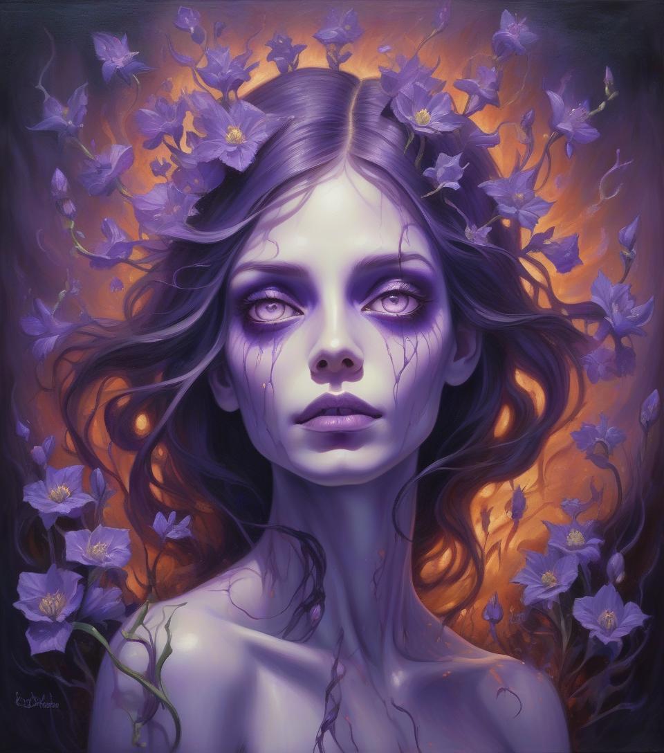  beautiful hybrid woman with purple flowers sprouting from her, oil painting,ethereal glow, dark and mysterious, high quality, vibrant colors, surreal, haunting, intricate floral details, intense gaze, mystical atmosphere, oil painting, demon, hybrid, fiery eyes, ethereal, vibrant colors, surreal, haunting, floral details, intense gaze, mystical atmosphere