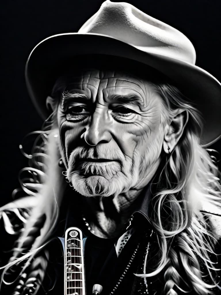  Singer Willie Nelson, medium shot, upper body, spotlight, long exposure lighting, street art style spray paint, glamour lighting