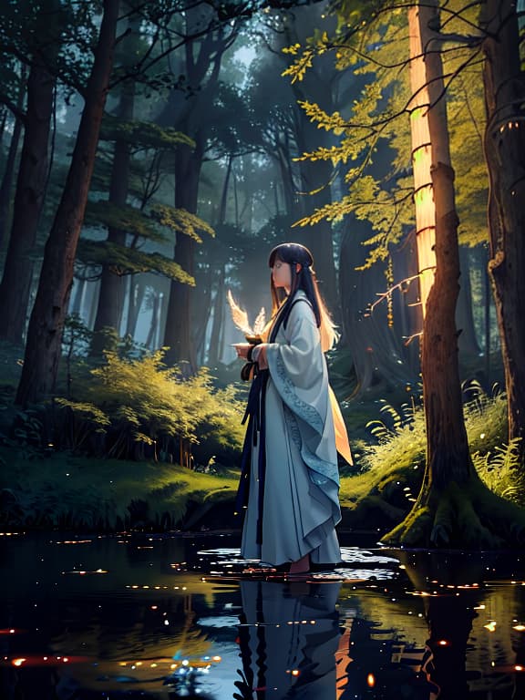  master piece, best quality, ultra detailed, highres, 4k.8k, a female spirit., standing gracefully., serene., break a mysterious encounter with a supernatural being., ancient forest clearing., willow tree, glowing fireflies, ancient shrine, and mist., break ethereal and enchanting., soft glowing light and mystical aura., colorhalf00d