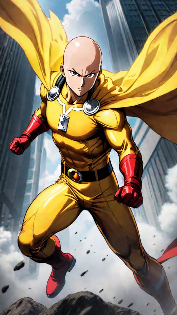  anime art: saitama as the forgotten s rank no.1 hero in one punch man, shrouded in mystery. hyperrealistic, full body, detailed clothing, highly detailed, cinematic lighting, stunningly beautiful, intricate, sharp focus, f/1. 8, 85mm, (centered image composition), (professionally color graded), ((bright soft diffused light)), volumetric fog, trending on instagram, trending on tumblr, HDR 4K, 8K