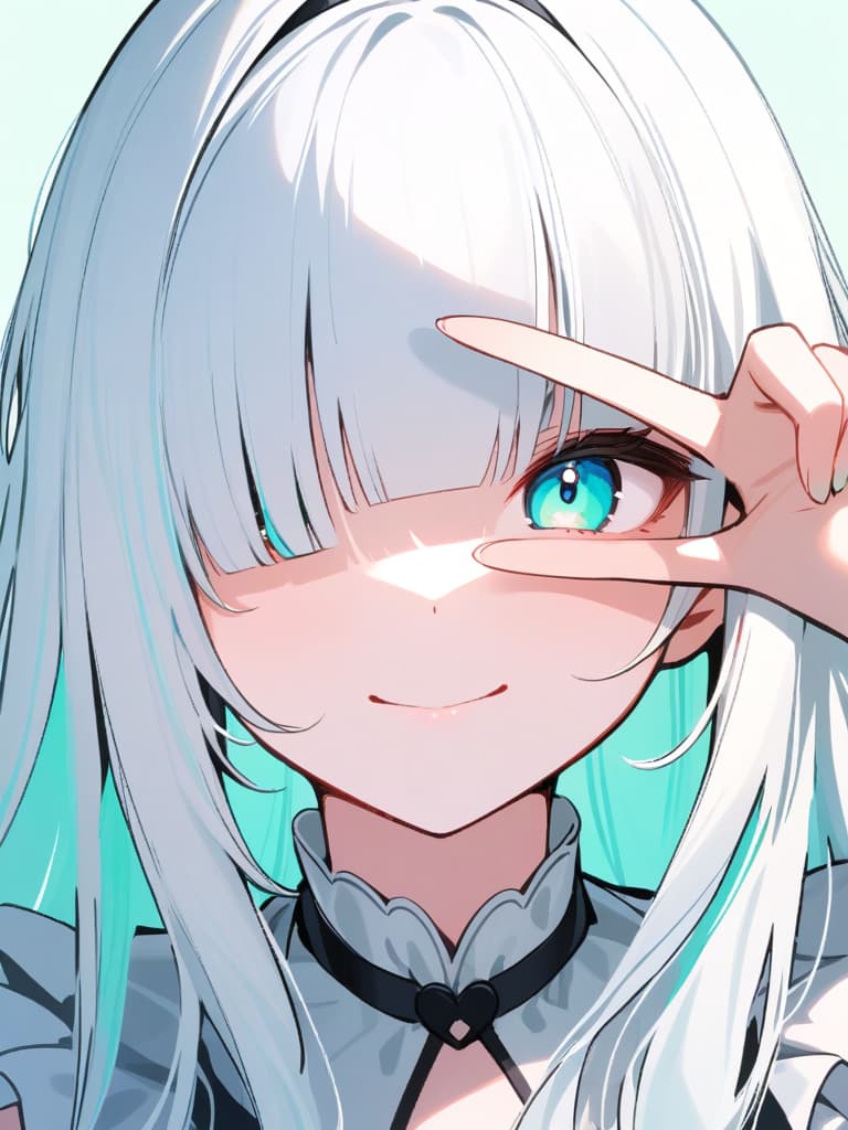  ultra detailed:1.2,masterpiece:1.2,best quality,masterpiece,bestquality,hdr:1.1,8k:1.1,very cute girl:1.3,(peace sign hand to over eye:1.7),(fingers between eye:1.3),grin smile,(close mouth:1.5),(frill sundressy:1.4),upper body,(face focus:1.4),(bangs diagonal cut:1.2),(blunt bangs:1.6),((white long hair:1.7)),(light aqua background color:1.4),hair band:1.3,hair pin,forehead:1.3,(dutch angle:1.4)(aqua eyes:1.4)