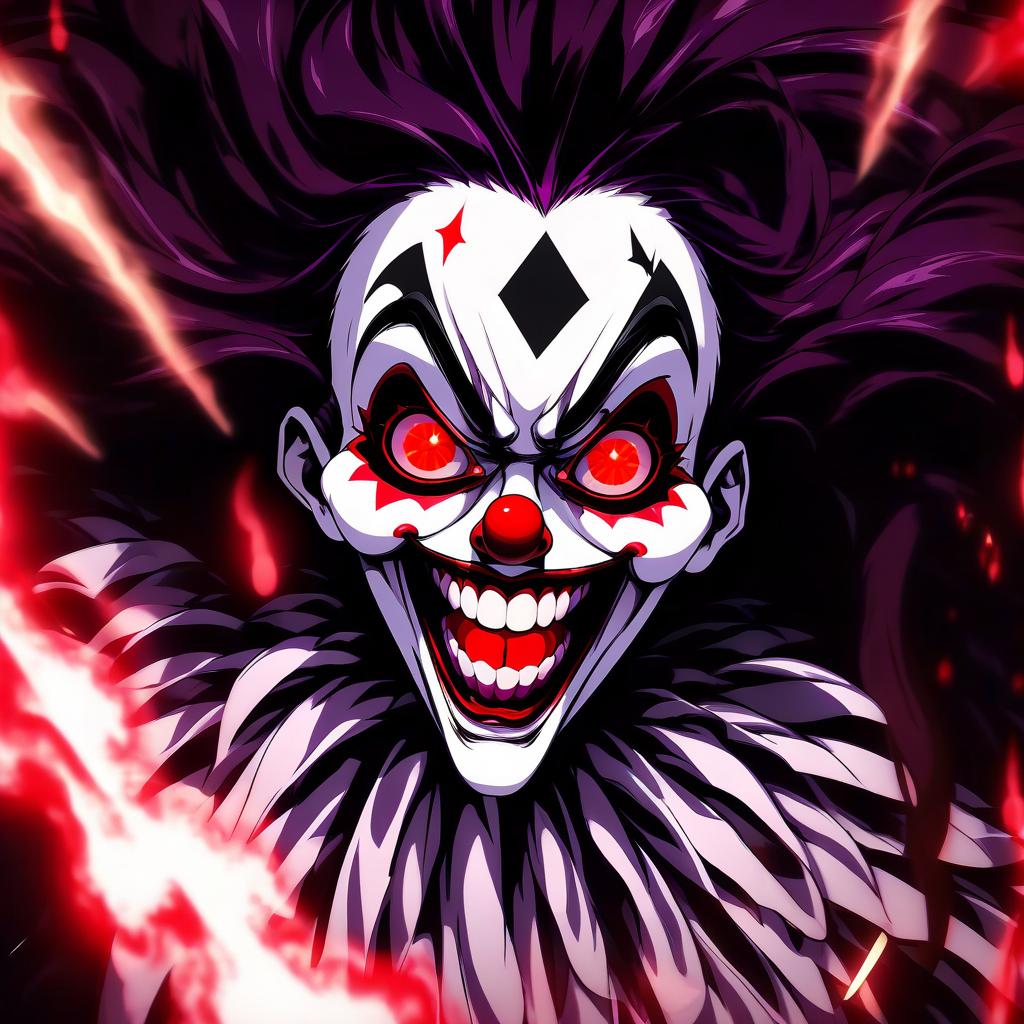  a close up of a person with a clown nose, albedo from the anime overlord, evil smile and glowing eyes, dark red background, she is attracting lightnings, perfect face template, psycho magick fuck it insane, long black shiny hair, chromostereopsis, vantablack, hello world, cgisociety, .ai