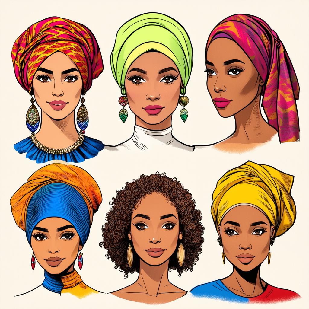  different beauty. set of different female heads in headscarf. different races and nationalities. colored hand drawn illustration {prompt}, maximum details