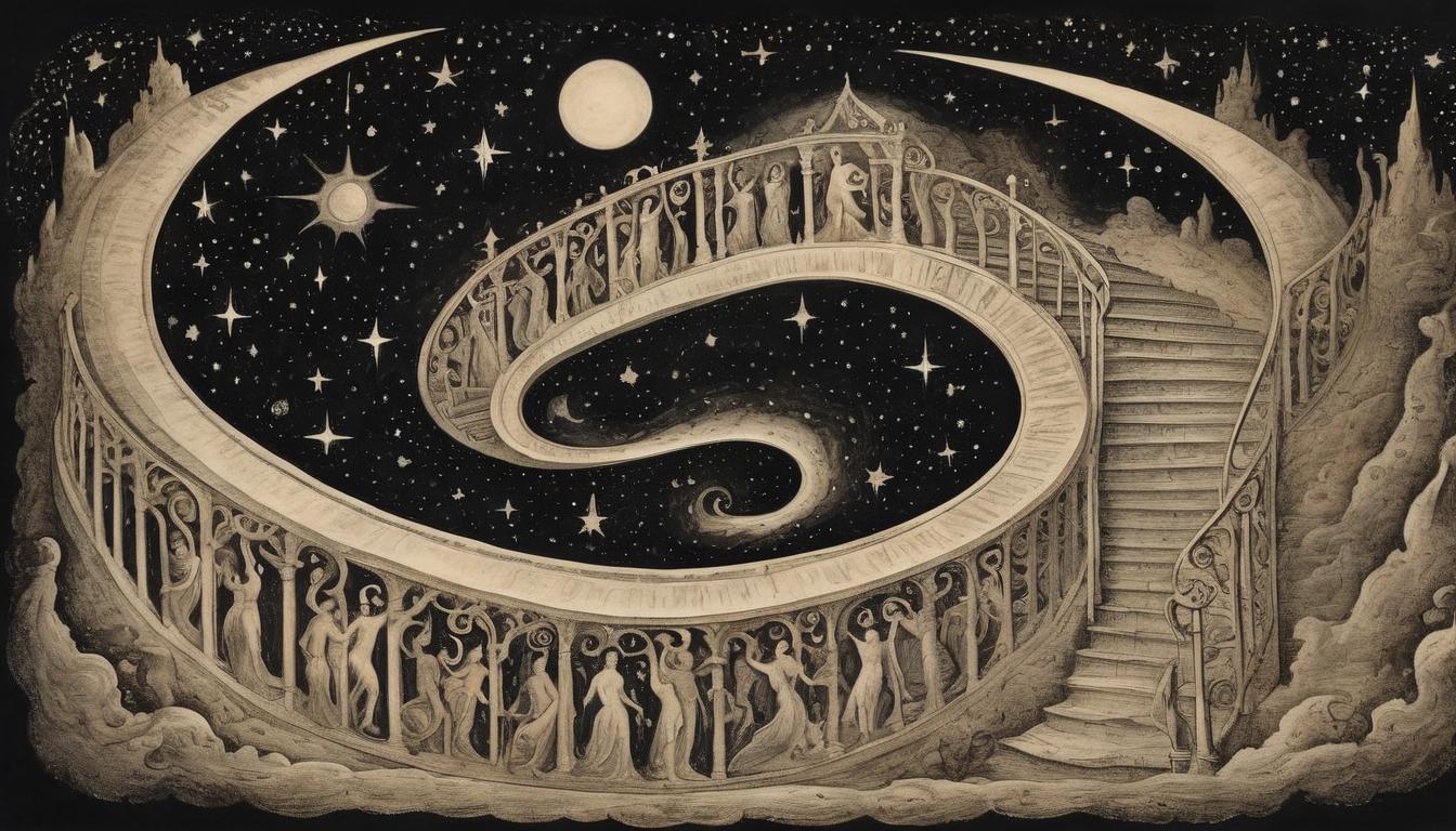  on parchment, surrealism++, celestial staircase, stars swirling around, leading upwards through a dark, vast expanse, transcendent(mysterious, provocative, symbolic)++