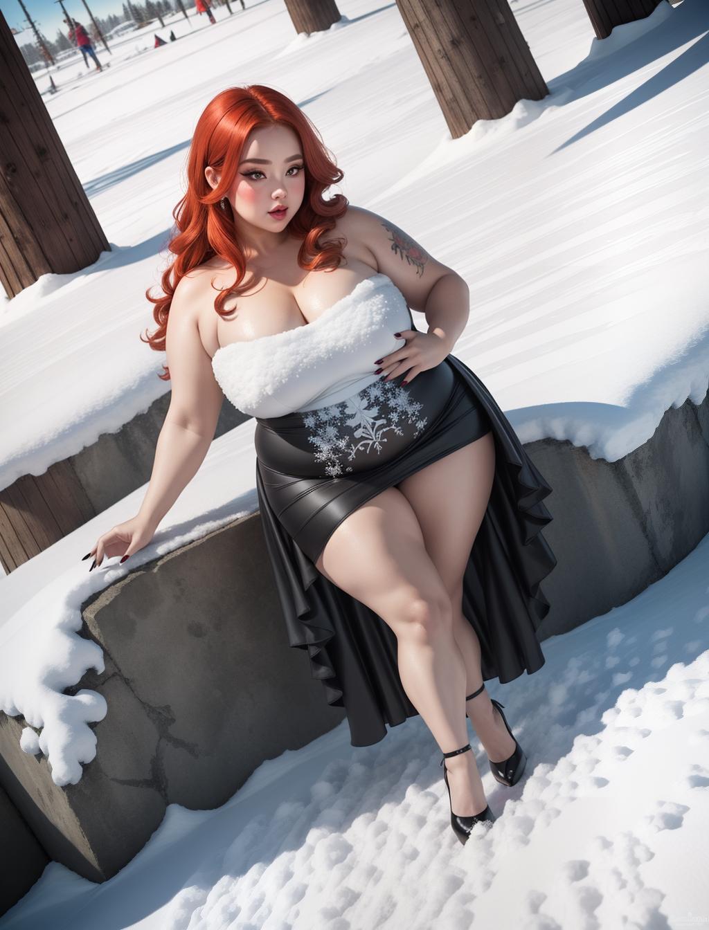  hyperrealistic art { ( fat woman 4 old (((chubby))), russian ginger dynamic hair ), ((((long transcend dress)))) , (((colored long nails))), tattooed legs , ((blushes)), ((( black high heels))), (((fat legs))), (((( dynamic standing legs position legs on snow park)))), ((( dynamic position))), (((vision from above))), (((ultra detailed legs))), ((( ultra detailed feet))), } . upscaled , 8k, extremely high resolution details, photographic, (((realism pushed to extreme))) , fine texture, incredibly lifelike, <lora:more details:1>