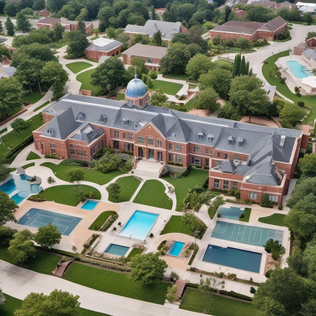  high school exterior aerial layout with lots of windows arches a courtyard in the middle with a garden, pool and rooftop art space and curb appeal, mystical style