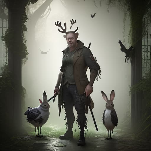  middle aged man with bat in hand, fog, animals, birds, deer, bunny, postapocalyptic, overgrown with plant life and ivy, artgerm, yoshitaka amano, gothic interior, 8k, octane render, unreal engine