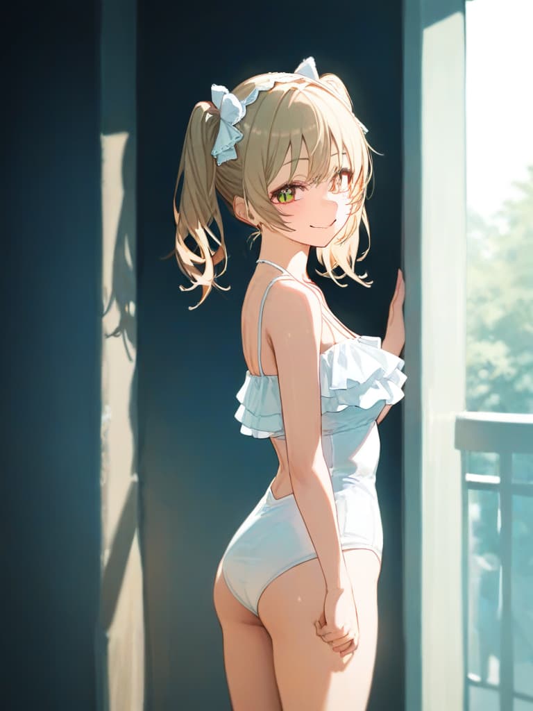  white headphones, poses that show your back, poses on the wall, blond twin tails, white swimwear, legs, frill paleo, smiling s, whole body, pose that protrudes the ocks, , masterpiece, best quality,8k,ultra detailed,high resolution,an extremely delicate and beautiful,hyper detail