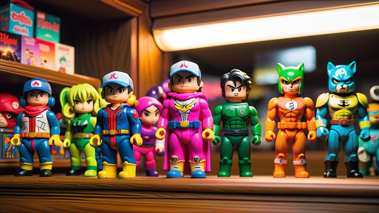  a vibrant display of colorful anime action figures on a wooden shelf, with a bright spotlight highlighting rare collectibles. surrounding them are open collectible boxes, a price tag, and a cash register in the background. hyperrealistic, full body, detailed clothing, highly detailed, cinematic lighting, stunningly beautiful, intricate, sharp focus, f/1. 8, 85mm, (centered image composition), (professionally color graded), ((bright soft diffused light)), volumetric fog, trending on instagram, trending on tumblr, HDR 4K, 8K