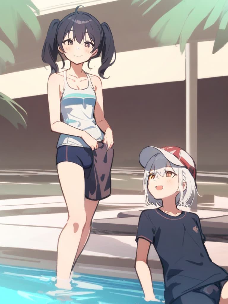  women's elementary students (male), twin tails, cute smiles, (rich s), short stature, dark blue swimwear, old swimwear, swimwear, simple, (upward), upward, (bulge), front, whole body, pool side ,,,