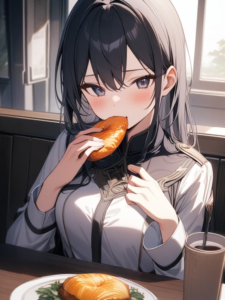  long black hair, beautiful, uniform, eating, masterpiece, best quality,8k,ultra detailed,high resolution,an extremely delicate and beautiful,hyper detail