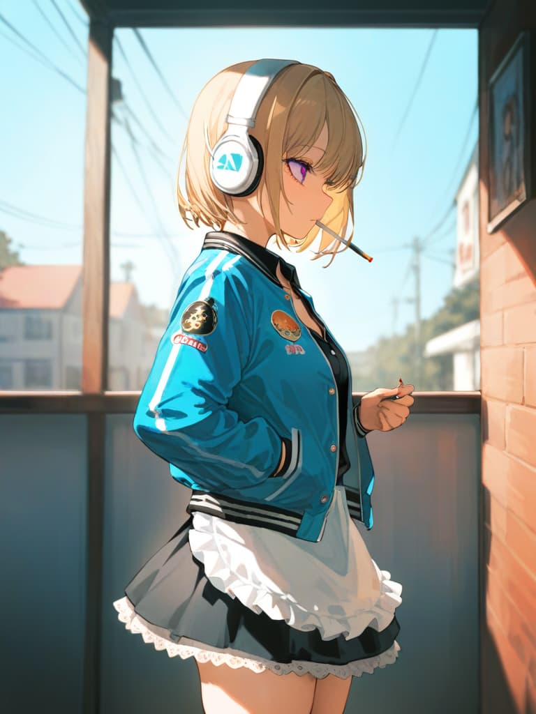  girls who smoke cigarettes, girls wearing headphones, girls in blonde bob cut, whole body, souvenir jacket, maid cosplay, standing, black frill skirt, white apron, sky blue jacket, maid clothes, cigarettes be, masterpiece, best quality,8k,ultra detailed,high resolution,an extremely delicate and beautiful,hyper detail