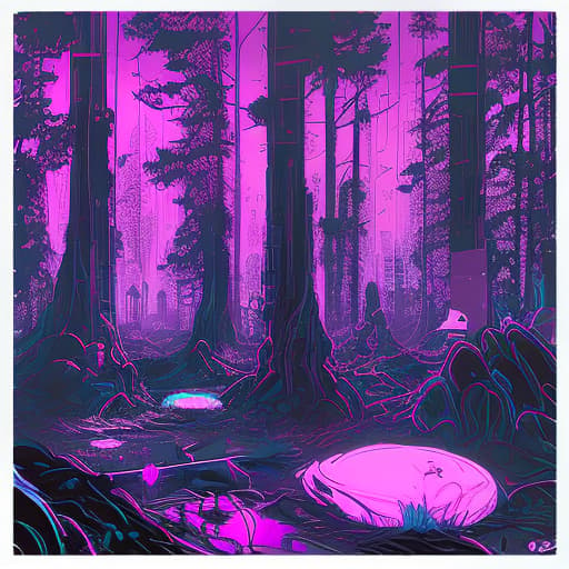 nvinkpunk blue and pink glowing mushrooms in a very dark night forest