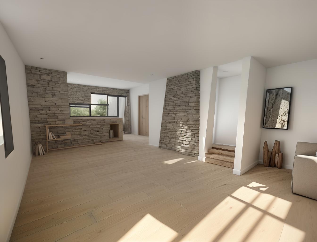  produce a photorealistic rendering of a modern interior with a stone wall as a focal point, complemented by wooden flooring and large windows. add a sleek, modern sofa and minimalist furniture that reflects a contemporary style, creating a space that feels both rustic and sophisticated.