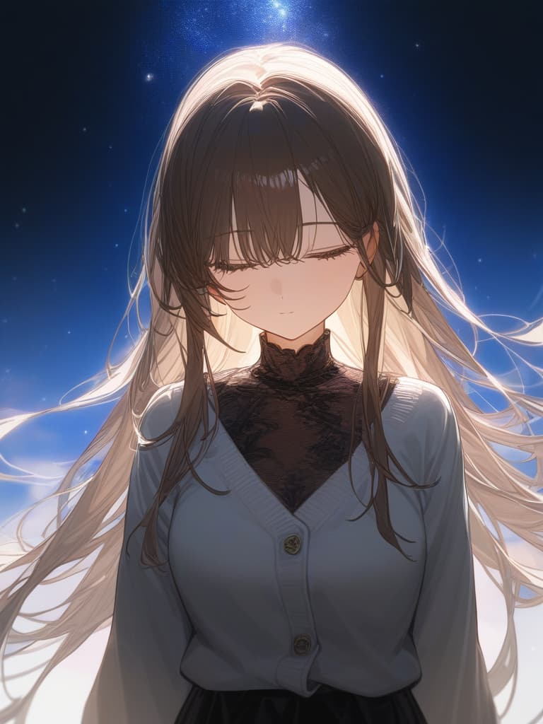  under the starry sky, a girl looking at me, bright brown hair, long hair, transparent fleeting, black sleeveless dress, wearing white cardigan, the whole body facing in front, facing here., masterpiece, best quality,8k,ultra detailed,high resolution,an extremely delicate and beautiful,hyper detail