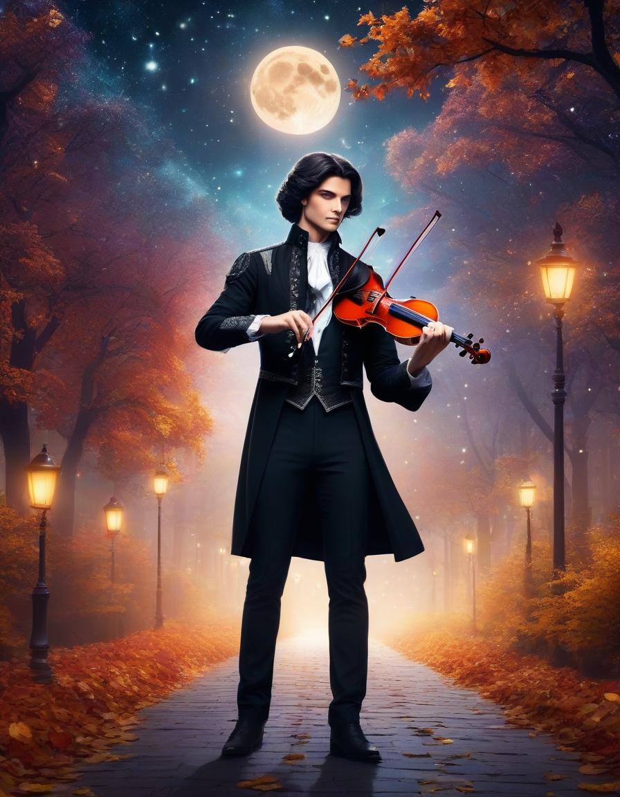  space themed ilration for the book: a couple: an androgynous age of with dark wavy hair to his shoulders in a black shirt with rolled up sleeves and black trousers, with a violin and a bow, and a of of slavic appearance with dark bob hair, in a white dress with a very fluffy above the , with a violin and a bow, standing on an autumn alley and playing the violin, in the sky there is a moon and stars . cosmic, celestial, stars, galaxies, nebulas, planets, science fiction, highly detailed