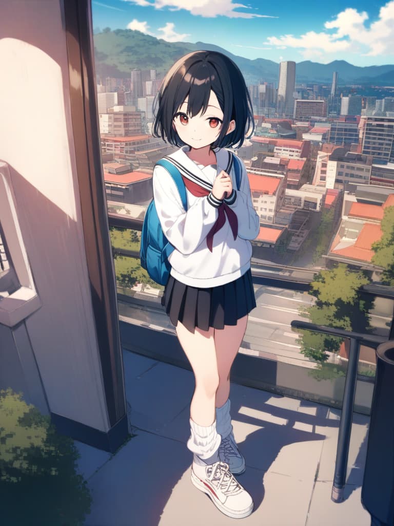   junior high , (male ), sailor suit, mini , transvese, short hair, cute smile, backpack, ultra long loose socks, bottom sneakers, whole body, city landscape,