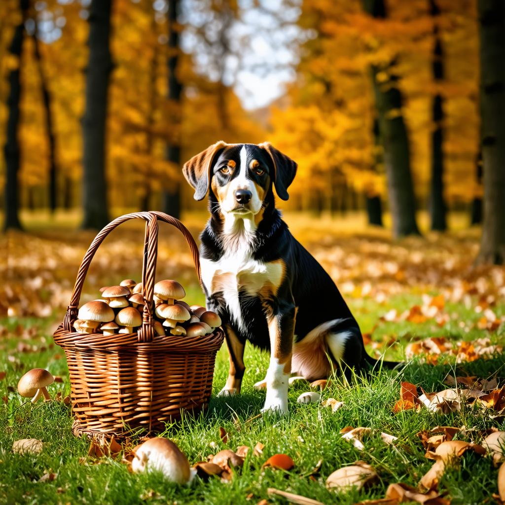  amazing high resolution photos of a hunting dog sitting by a wicker basket full of mushrooms against the backdrop of an autumn forest on a sunny day. hobbies {prompt}, maximum details