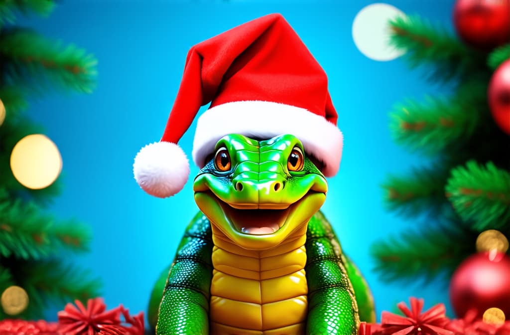  epic realistic, hyperdetailed, (cycles render:1.3), caustics, (glossy:0.58), (artstation:0.82),green funny smiling snake in red santa claus hat on bokeh background ar 3:2