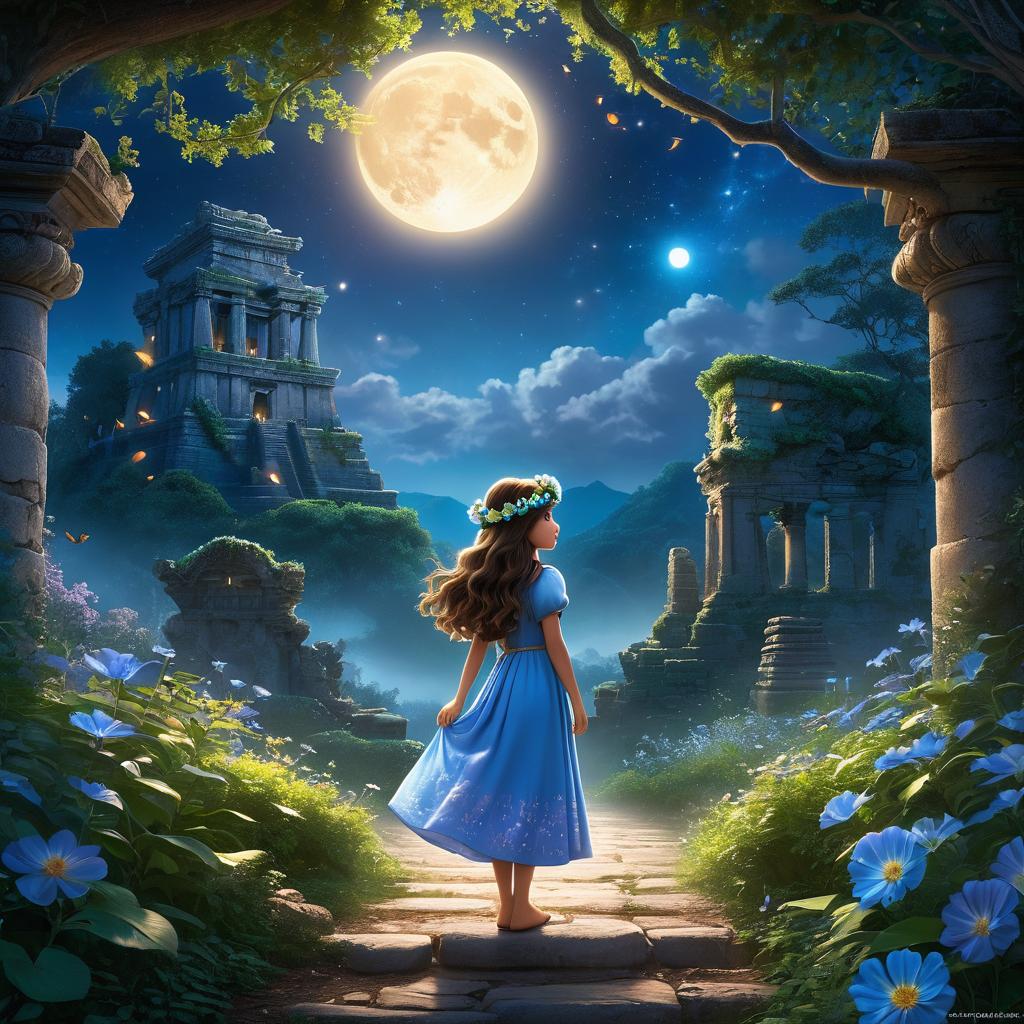  in 3d animated movie style. disney pixar style. {"subject description":"aiko, a young with long flowing hair and bright blue eyes, wearing a vint sundress and a flower crown, is accompanied by luna, a whimsical, serene, and gracious companion.","environment description":"the setting is an ancient forest ed in moonlight, with ancient ruins king through the foliage, creating an atmosphere of mystery and magic.","art style":"highly detailed mysterious fantasy animation with a focus on mystical elements and enchanting characters.","color and light":"moonlight filters through the dense canopy, casting a silvery glow over aiko and luna, adding to the mystical ambiance of the scene.","camera angle and composition":"the scene is capt