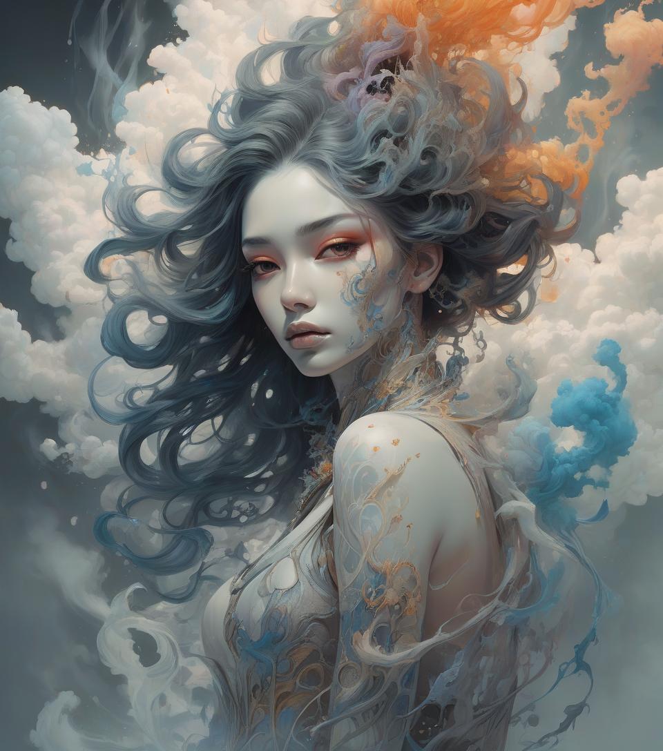  concept art "minjae lee, ana paula hoppe, teis albers, armando mesias, fluid acrylic, graceful gradients, hypertextured, intricate octane render, 8k 3d depth, james jean, peter mohrbacher, kaluta, pixiv, accurate features, incredibly detailed, hyperrealistic, devolving into smoke, wlop, scenic beautiful gorgeous" . digital artwork, illustrative, painterly, matte painting, highly detailed