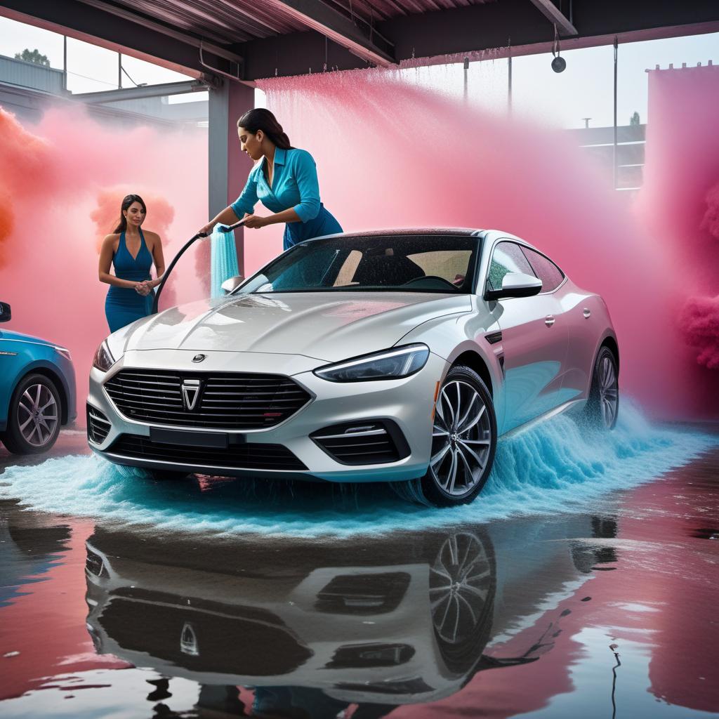  Abstract art of a woman washing a car at a car wash, utilizing vibrant colors, dynamic shapes, and unconventional forms. The composition should evoke the movement and energy of the scene, with suggestions of water sprays, bubbles, and car elements blending artistically with the woman washing the car. hyperrealistic, full body, detailed clothing, highly detailed, cinematic lighting, stunningly beautiful, intricate, sharp focus, f/1. 8, 85mm, (centered image composition), (professionally color graded), ((bright soft diffused light)), volumetric fog, trending on instagram, trending on tumblr, HDR 4K, 8K