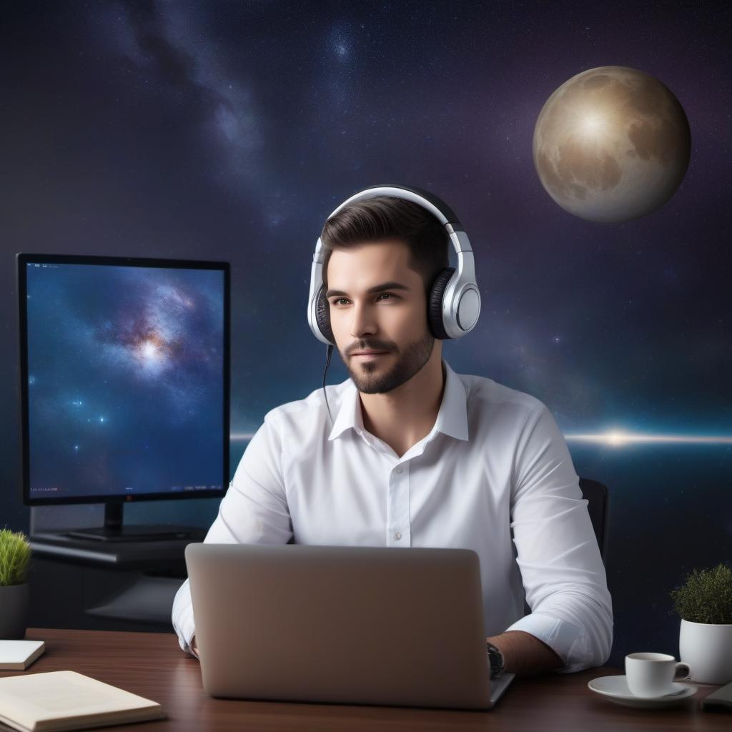  Your prompt: An Astrology lesson online on a computer monitor. Negotiations via Skype. The man is wearing headphones and a microphone. Joy.