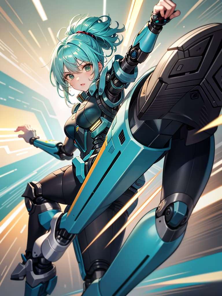  masterpiece,insanely detailed face,solo,girl,intelligence,genius,serious,cool,clear face,aqua hair,hair up,sidelocks,ring hair,humanoid,((mechanical joint)),((exoskeleton)),((mechanical legs)),green colored armor,pose,((kicking,high kick)),((incoming kick,incoming attack)),(standing on one leg),((outstretched foot,close up sole,blurr sole)), looking at viewer,((sense of movement,speed line,motion blurr,blurr fore ground)),