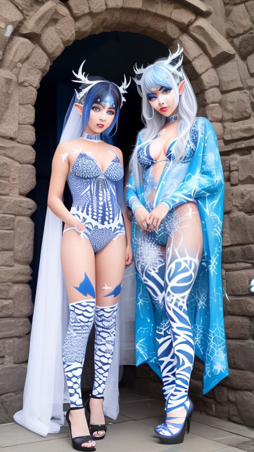  Blue and White Spider-patterned body paint in every corner of the whole body, full-body, Black body paint,Silver face paint on the face,Two elfs 女性