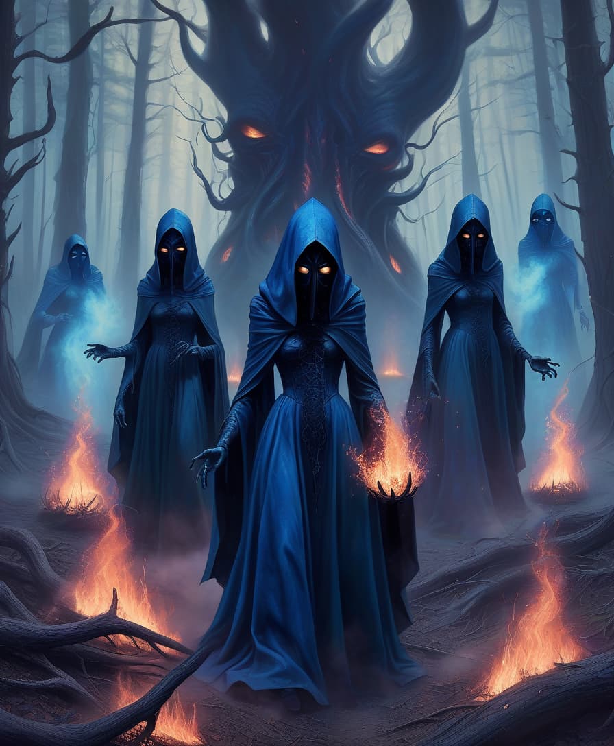  lovecraftian horror coven of witches. black masks on their faces. big blue fire. forest edge . eldritch, cosmic horror, unknown, mysterious, surreal, highly detailed