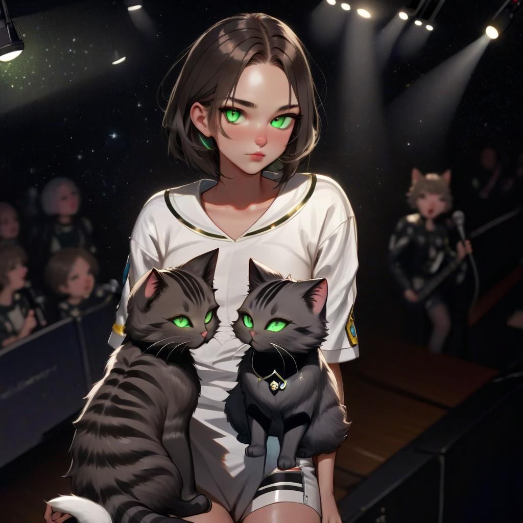  girl with dark green eyes, two furry striped cats, space, spotlights, view from the stage, microphone, music, royal grace