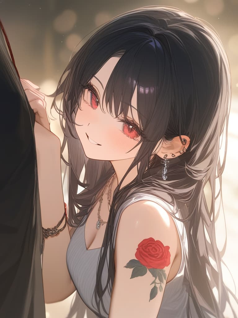  long hair, black hair, hair tips are pink, red eyes, hanging, bangs, and length of bangs, adults, adult faces, piercings, necklaces, hair are light pink and black, thin makeup on the arm. there is a rose tattoo, a rose tattoo on your arm, smiling, masterpiece, best quality,8k,ultra detailed,high resolution,an extremely delicate and beautiful,hyper detail