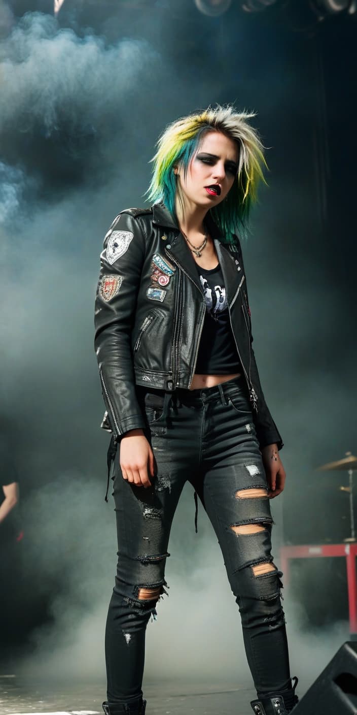  cinematic photo a punk rocker girl on stage, dressed in a torn leather jacket with studs, ripped jeans, and high top sneakers with bright laces. her face is pale, with sharp features and defined cheekbones, reflecting her inner strength and determination. her eyes are boldly outlined with black eyeliner, with deep dark shadows adding drama. her lips are covered in rich dark lipstick, with a slightly smudged outline that adds a touch of carelessness. her hair is brightly colored, disheveled, and styled in a chaotic yet purposeful mess. she stands on stage, emotionally screaming, expressing rebellion and passion. smoke swirls around her, and the lighting creates dramatic shadows, emphasizing her energetic and defiant presence. no extraneous .