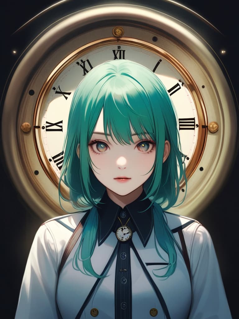  1girl,green hair,(((pupil is the clock is ticking:1.5))),realistic