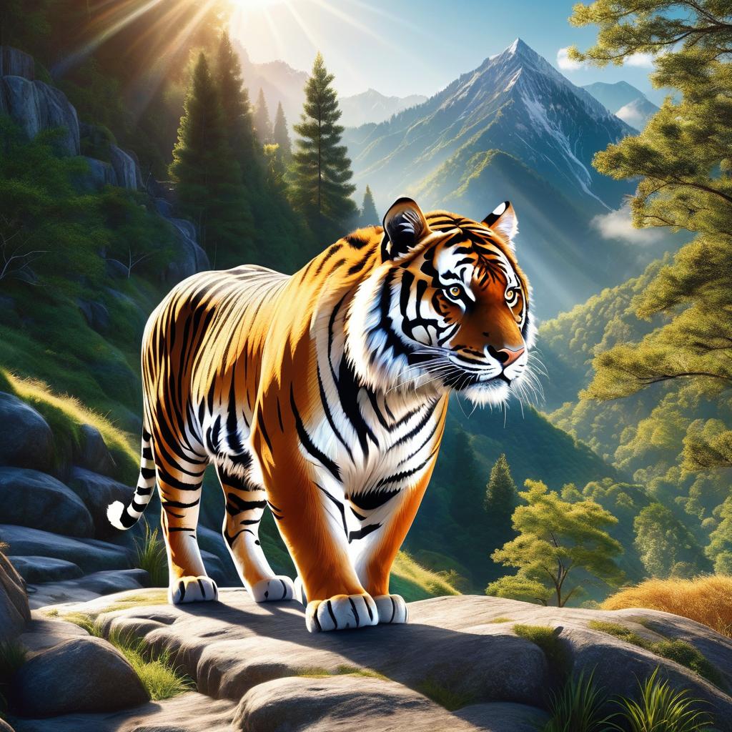  a picture of a tiger, a pig, a horse in the background of a mountain forest with sunlight. lovely style。 photo realistic, highly intricate and detailed, masterpiece, ultra high res,photography,8k resolution