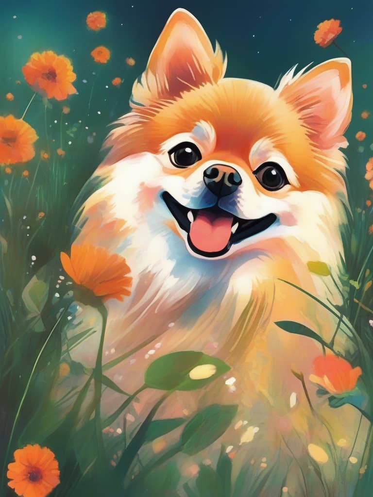  (cute illustration style)(1 animal:1.2)(orange pomeranian:1.2)(smiling)(evening)(cosmos field)masterpiece,high quality,8k