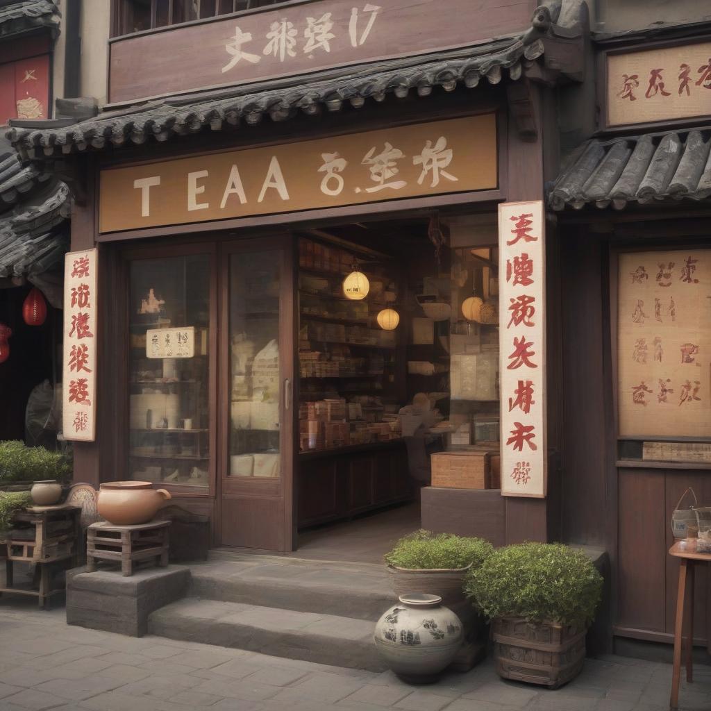  chinese town, tea store, tea ceremony, sign text “tea875”, epic foto, 4k