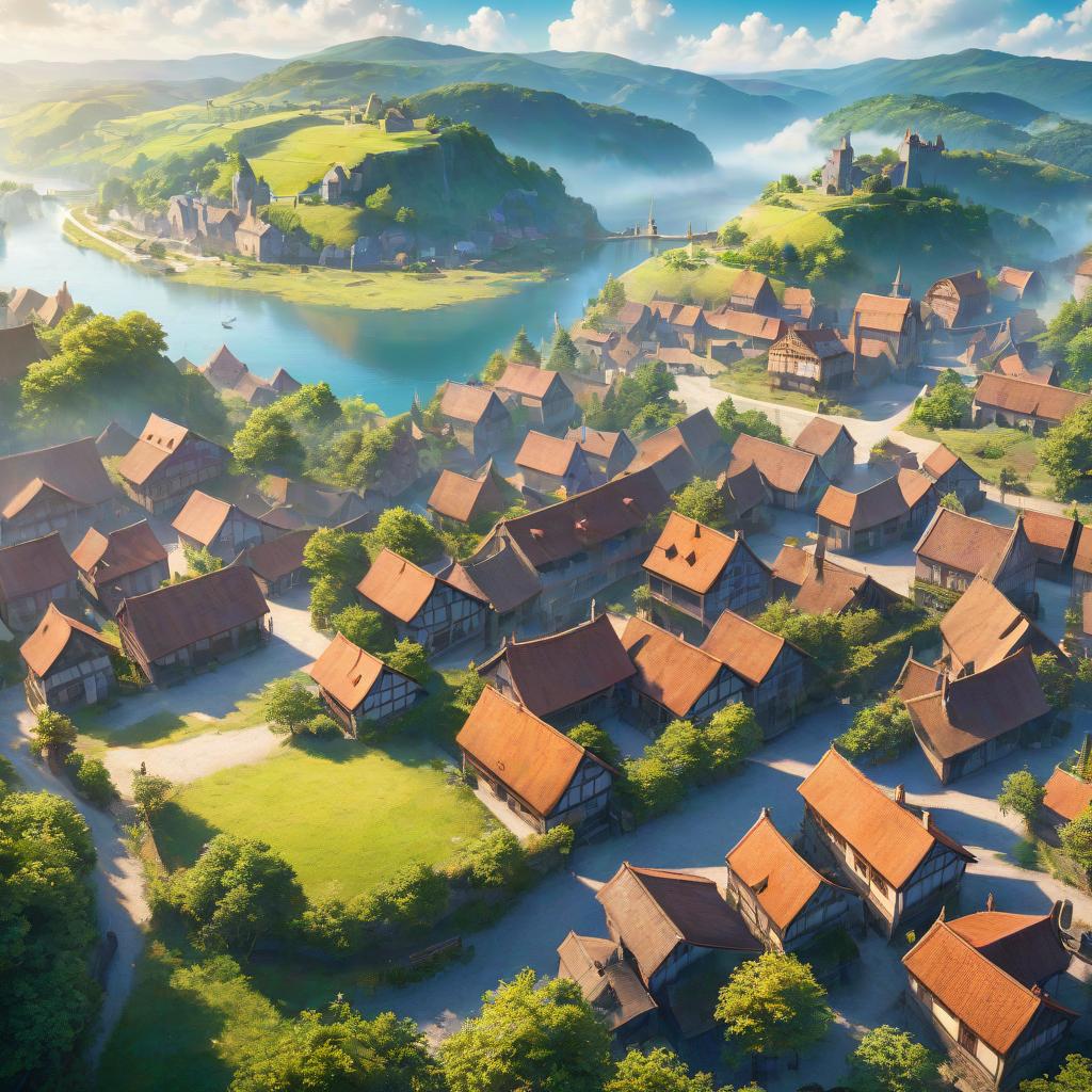  anime artwork landscape. view of the european village from a bird's eye view . anime style, key visual, vibrant, studio anime, highly detailed, hkmagic hyperrealistic, full body, detailed clothing, highly detailed, cinematic lighting, stunningly beautiful, intricate, sharp focus, f/1. 8, 85mm, (centered image composition), (professionally color graded), ((bright soft diffused light)), volumetric fog, trending on instagram, trending on tumblr, HDR 4K, 8K