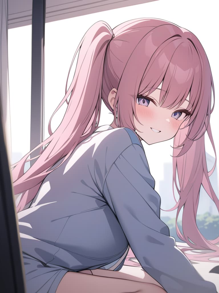  smile , pink hair, twin tails, shy, big s, masterpiece, best quality,8k,ultra detailed,high resolution,an extremely delicate and beautiful,hyper detail